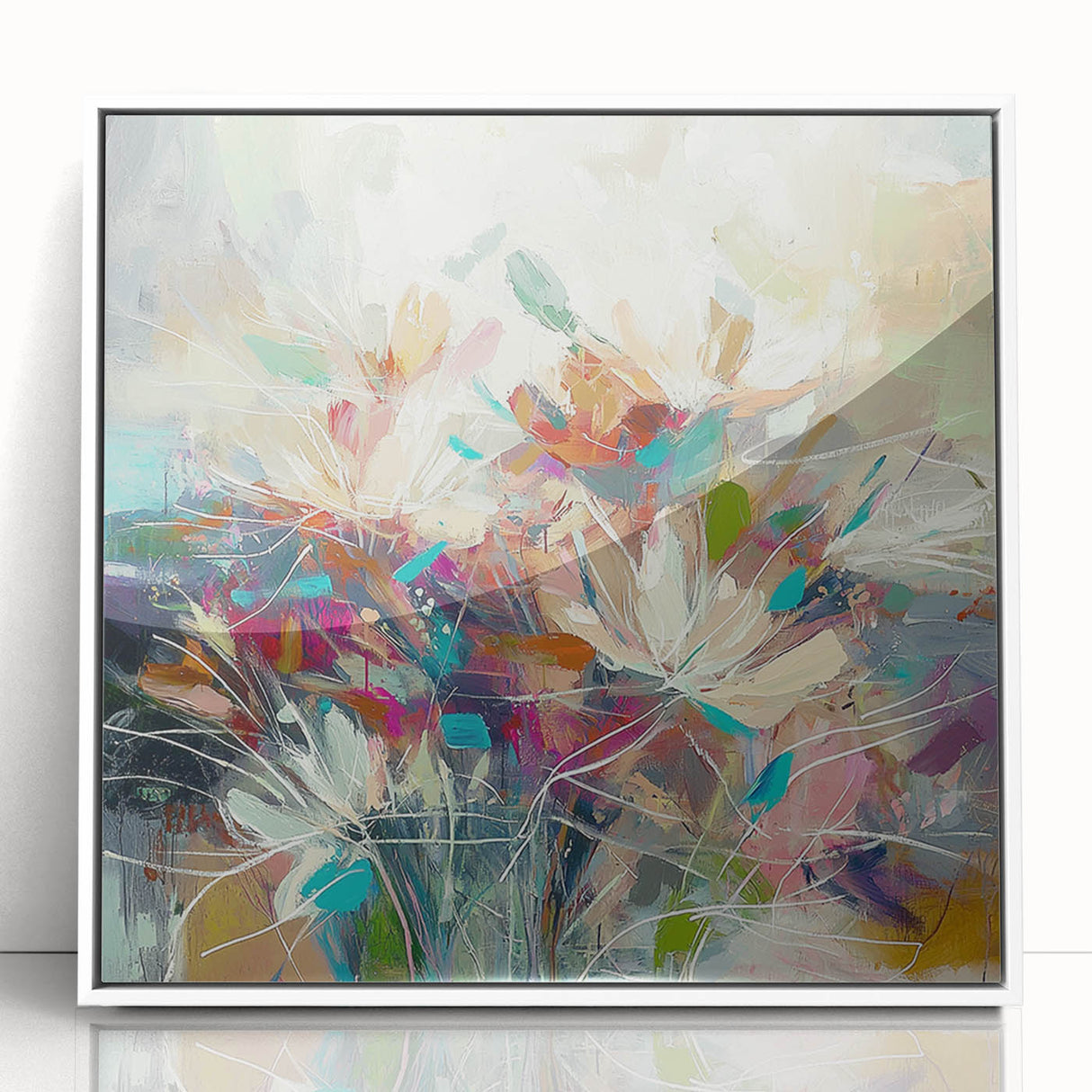 Framed acrylic artwork showcasing a vibrant abstract floral design with soft pastel colors, elegantly presented in a white frame, ideal for modern home decor.