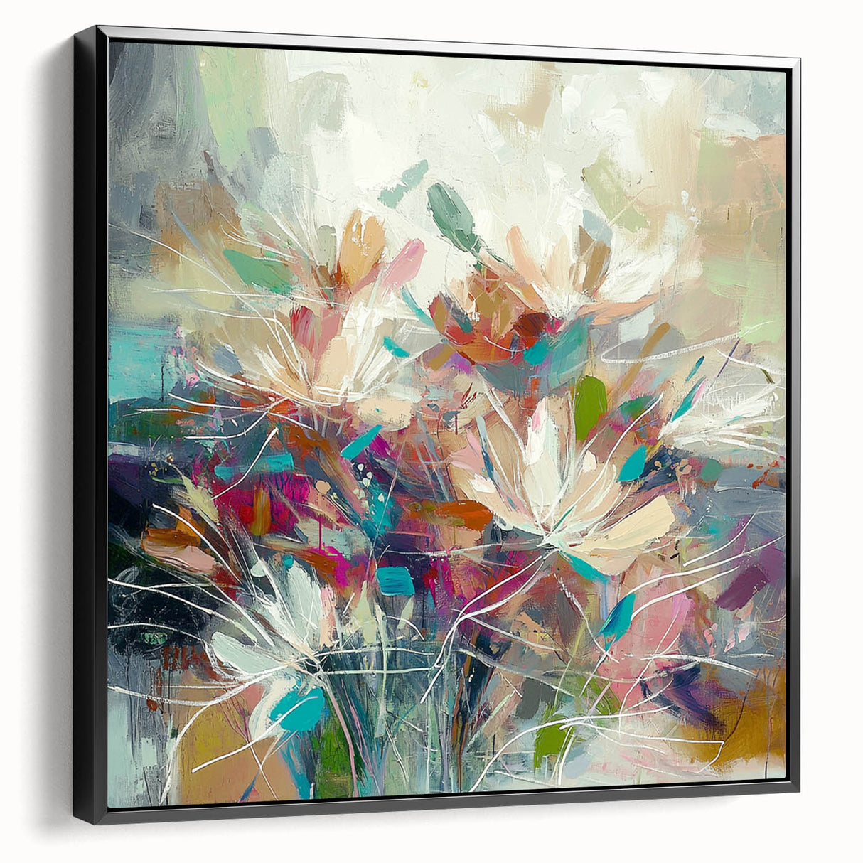 Framed abstract floral canvas art in black, showcasing vibrant colors and intricate details, perfect for modern home decor. Side view highlights the artwork's depth and texture.