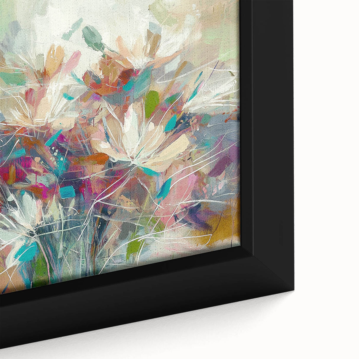 Close-up of an abstract floral framed canvas showcasing vibrant colors and intricate details, perfect for enhancing modern home decor with artistic elegance.