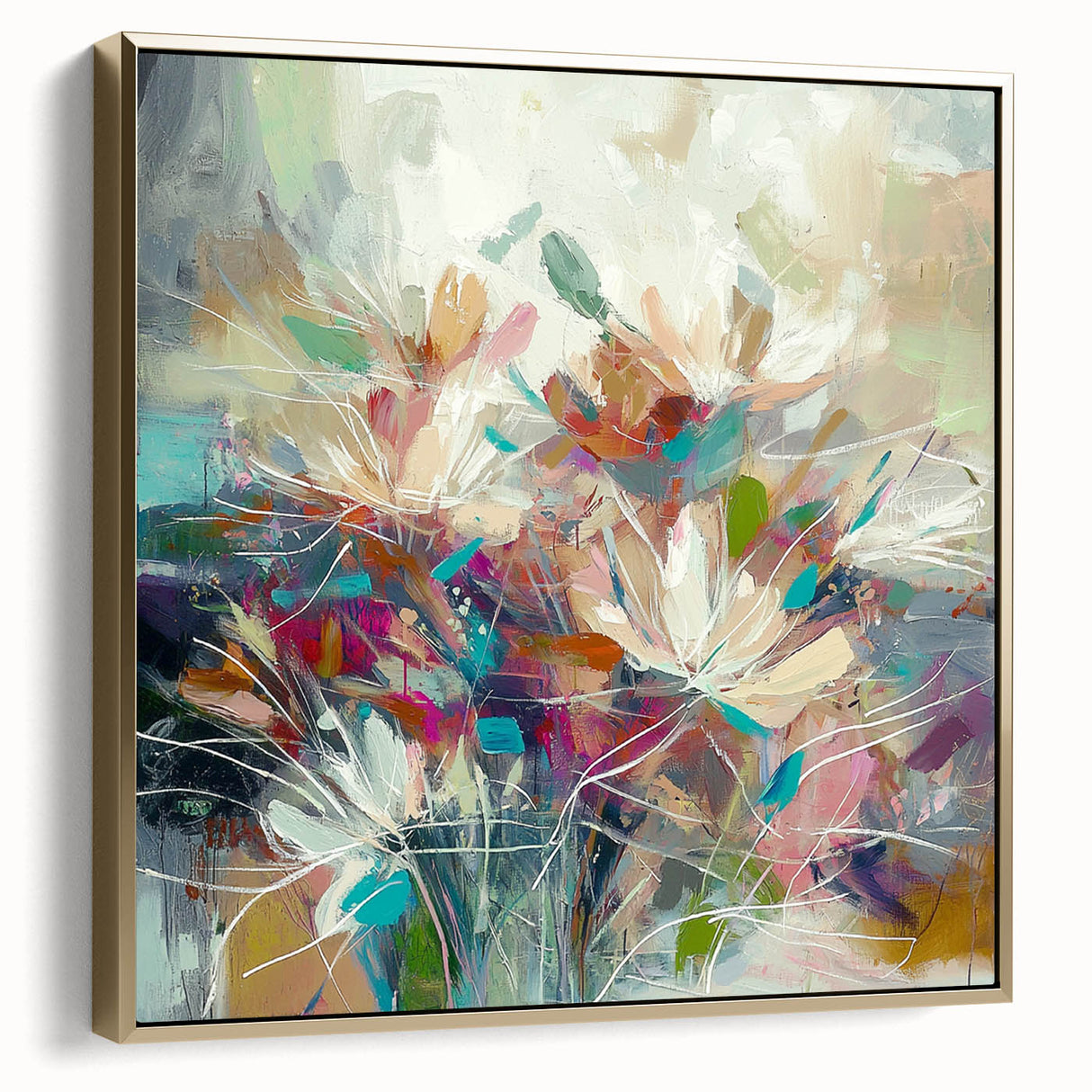 Framed abstract floral canvas art in silver and gold tones, showcasing intricate designs and vibrant colors that enhance contemporary decor. Perfect for living spaces.