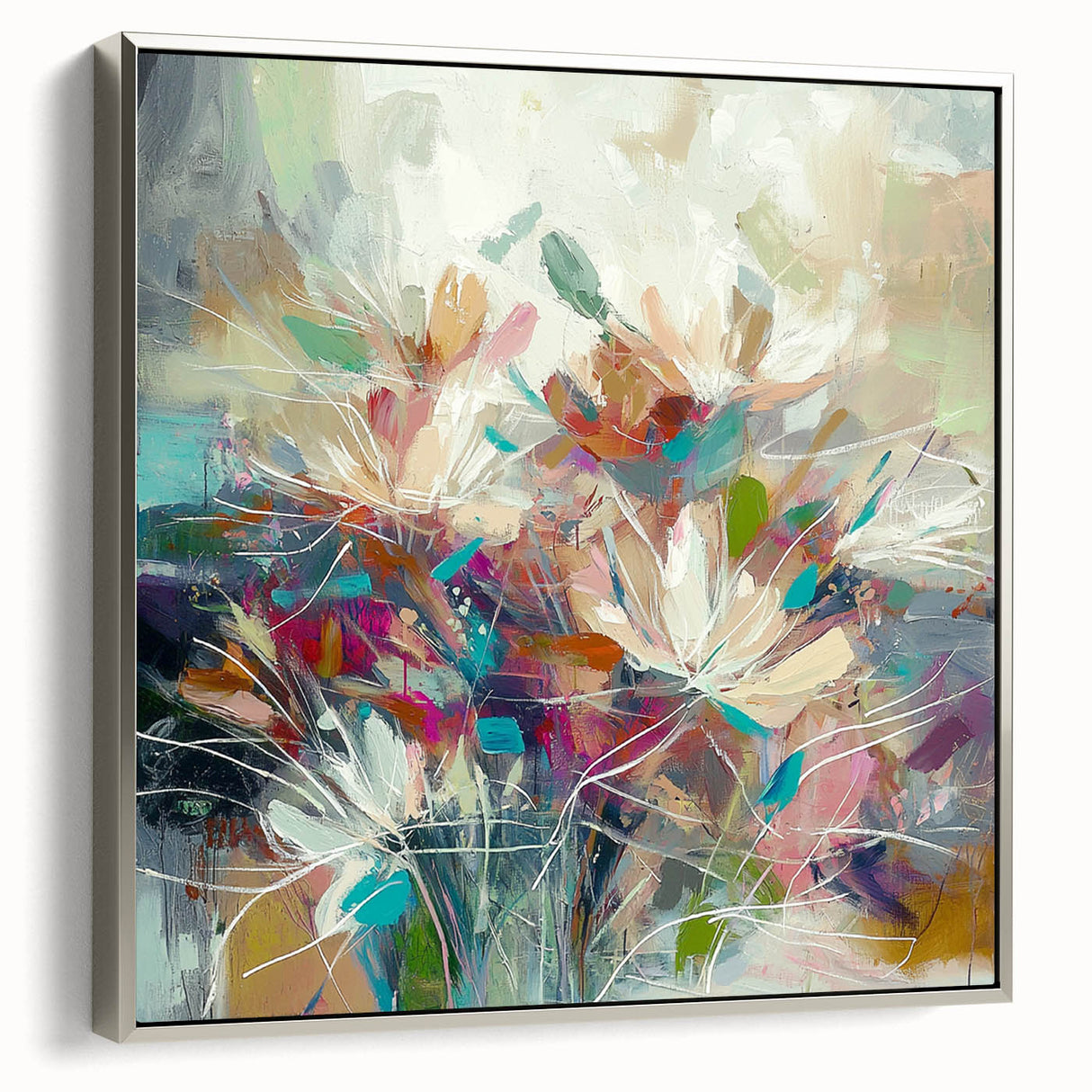 Framed canvas artwork showcasing an abstract floral design with vibrant colors and intricate patterns, displayed in a sleek silver frame from a side view. Ideal for modern home decor, enhancing any living space with a touch of elegance.