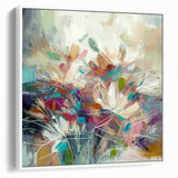 Framed canvas artwork showcasing abstract floral designs in vibrant colors, set against a white background, ideal for modern home decor and artistic interiors.
