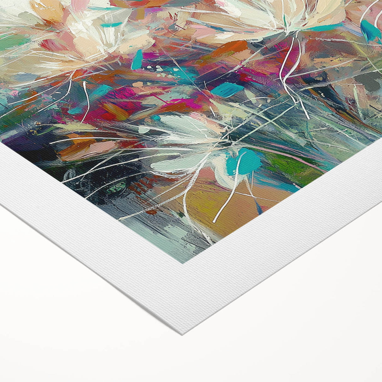 Abstract floral canvas art showcasing vibrant colors and intricate patterns, elegantly rolled and ready for display, emphasizing a modern artistic touch.