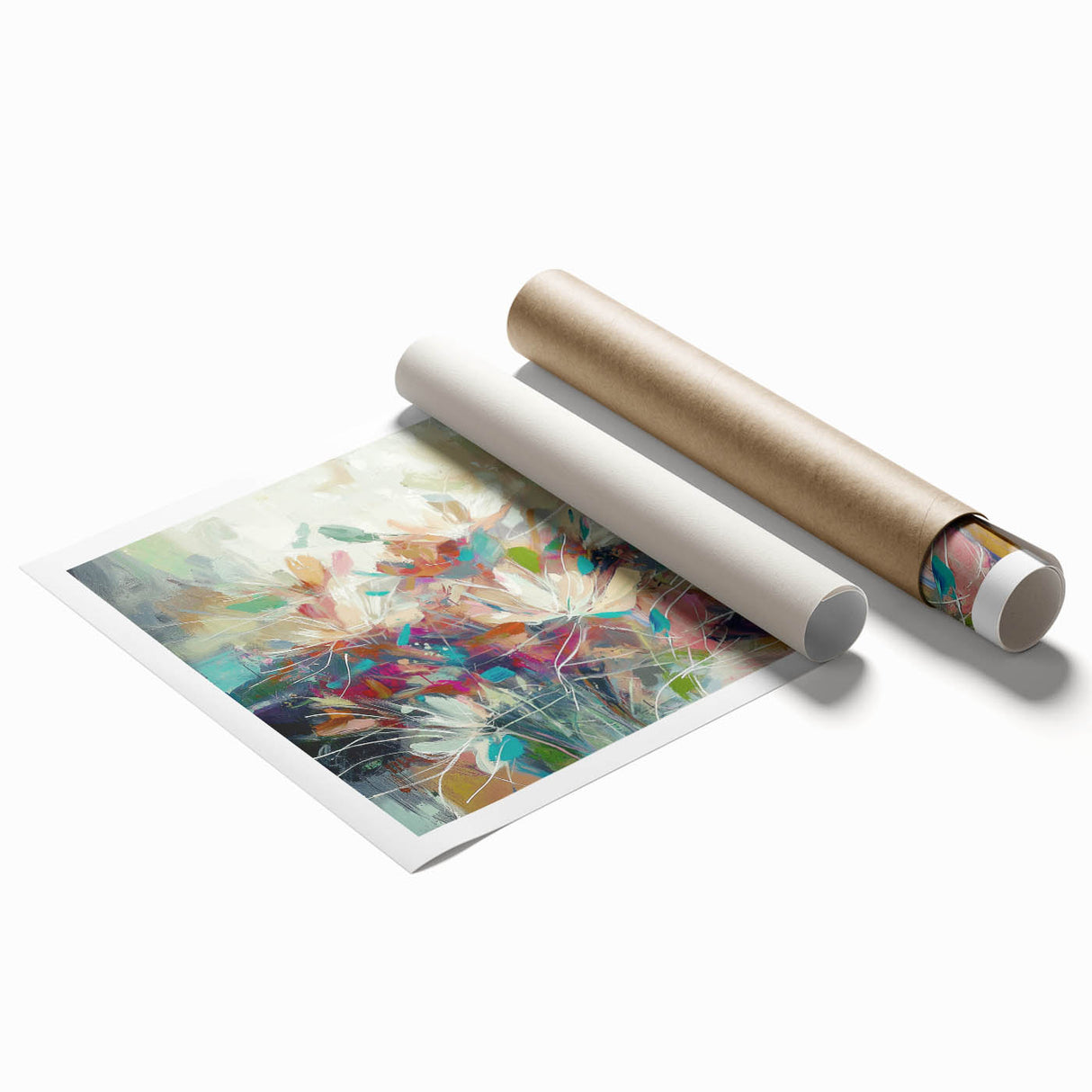 Abstract floral art print showcasing vibrant colors in a rolled format, designed for wall display, featuring intricate details and a modern aesthetic, perfect for home decor.