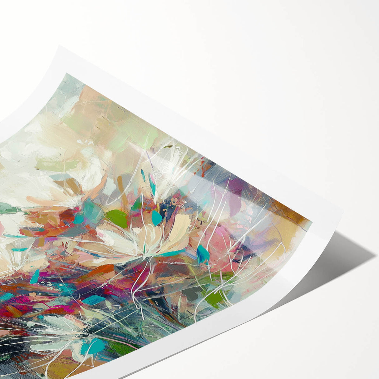 Vibrant abstract floral artwork printed on high-quality canvas, rolled for easy transport, showcasing a colorful arrangement of flowers in shades of blue, pink, and yellow. Ideal for enhancing modern home decor or art collections.