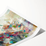 Vibrant abstract floral artwork printed on high-quality canvas, rolled for easy transport, showcasing a colorful arrangement of flowers in shades of blue, pink, and yellow. Ideal for enhancing modern home decor or art collections.