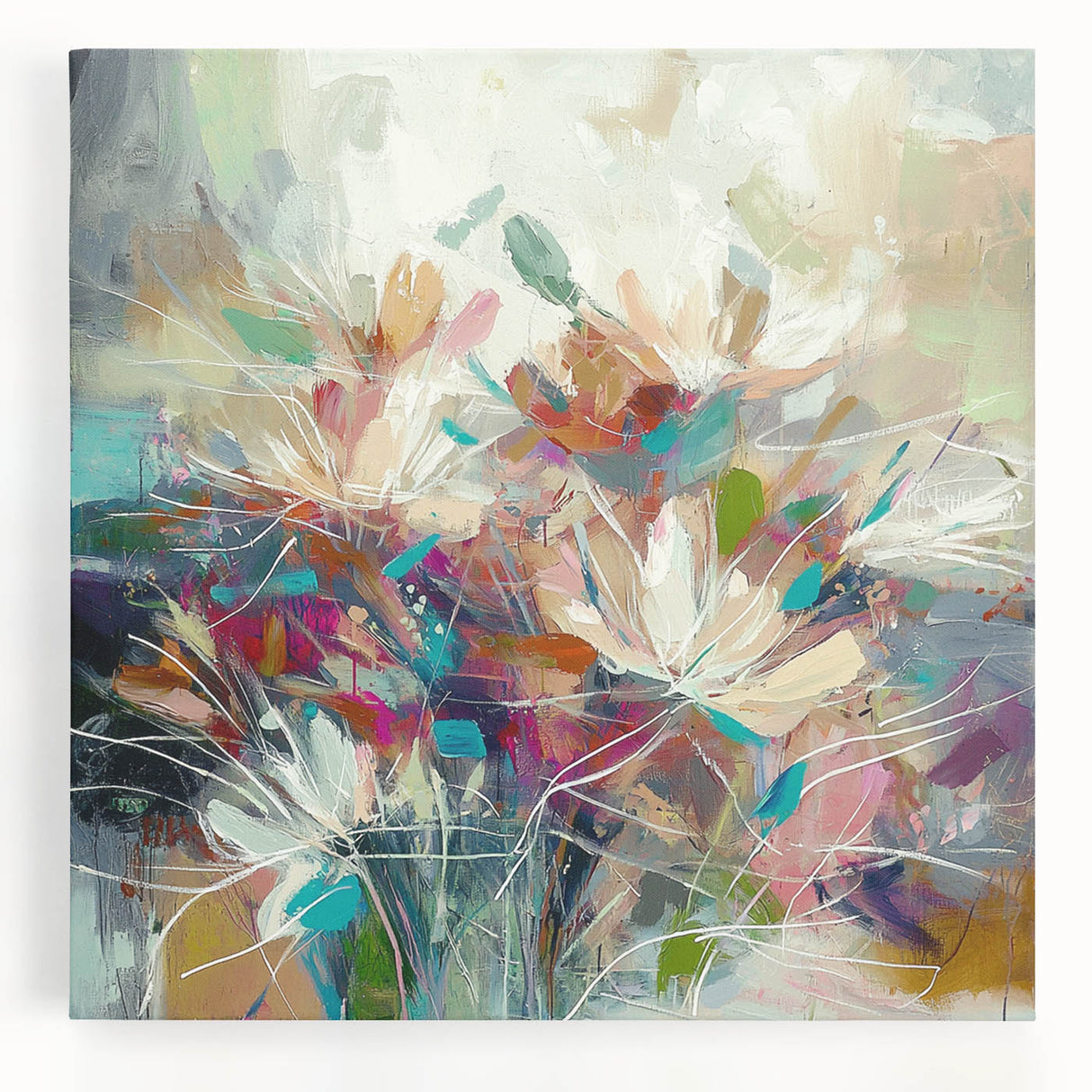 Abstract floral canvas artwork showcasing vibrant colors and intricate patterns, ideal for modern home decor. Perfect for enhancing any living space with a touch of elegance and creativity.