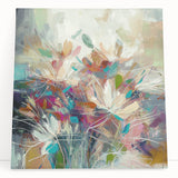 Abstract floral wall art canvas featuring vibrant colors and intricate designs, elegantly leaning against a neutral wall, ideal for modern home decor.