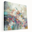 Abstract floral design on stretched canvas, showcasing vibrant colors and intricate patterns, ideal for modern home decor. Side view highlights the canvas edges and texture, enhancing its artistic appeal.