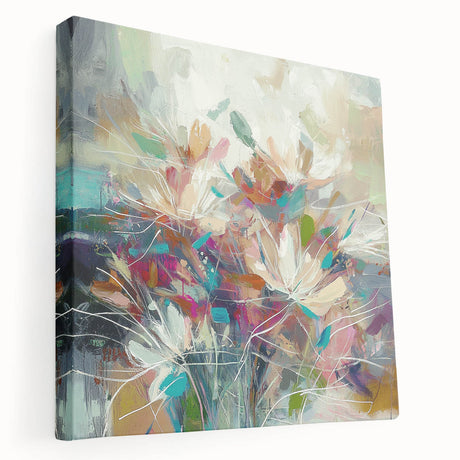 Abstract floral design on stretched canvas, showcasing vibrant colors and intricate patterns, ideal for modern home decor. Side view highlights the canvas edges and texture, enhancing its artistic appeal.