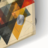 Close-up of a vibrant abstract minimalist wall art piece, showcasing bold colors and geometric shapes on sleek acrylic glass, perfect for modern home decor.