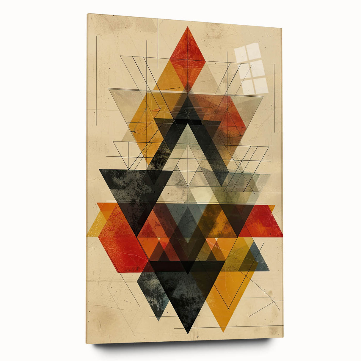 Abstract minimalist wall art displayed in a side view, featuring vibrant colors and geometric shapes on acrylic glass, perfect for modern home decor.