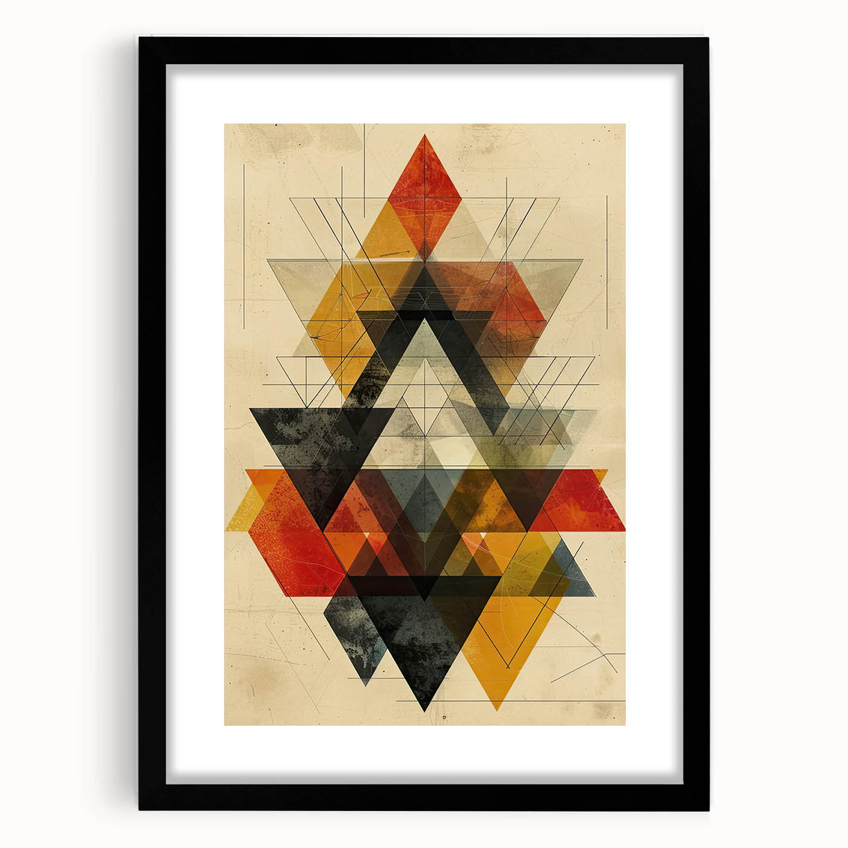 Abstract minimalist wall art framed in black with a white mat, showcasing geometric shapes and soft colors, perfect for modern home decor aesthetics.