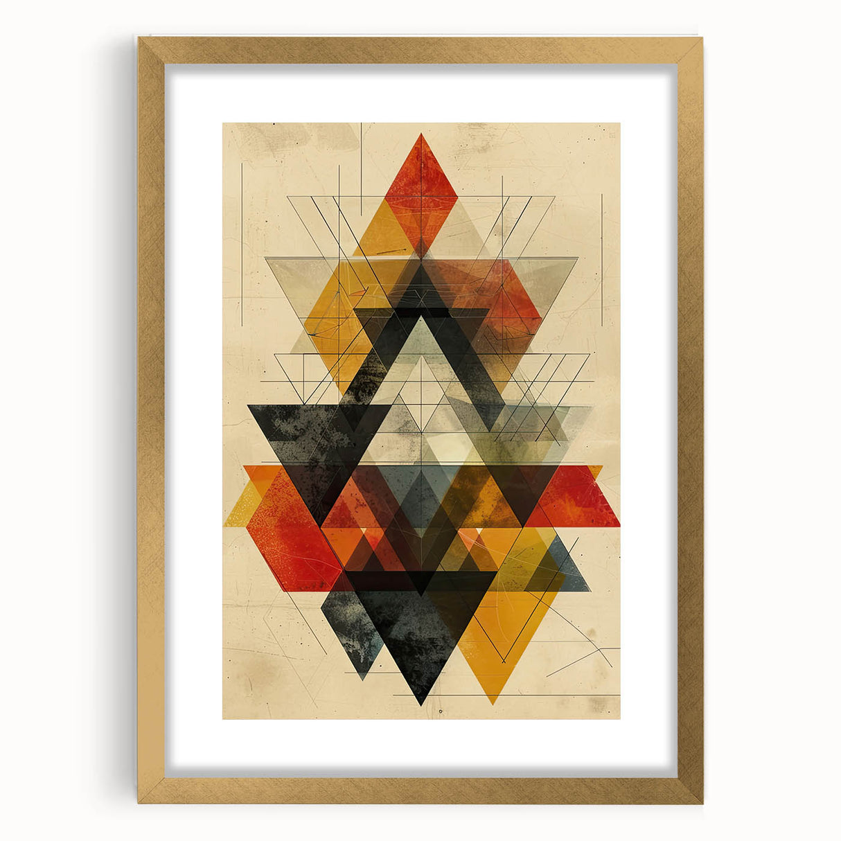Abstract minimalist wall art framed with a gold mat, showcasing a geometric design that adds a sophisticated touch to modern decor, ideal for home or office styling.