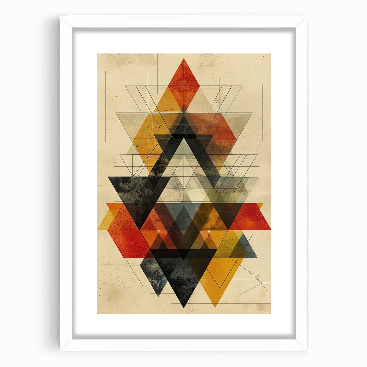 Abstract minimalist wall art framed with a white mat, showcasing geometric shapes in soft pastel colors, perfect for modern home decor.