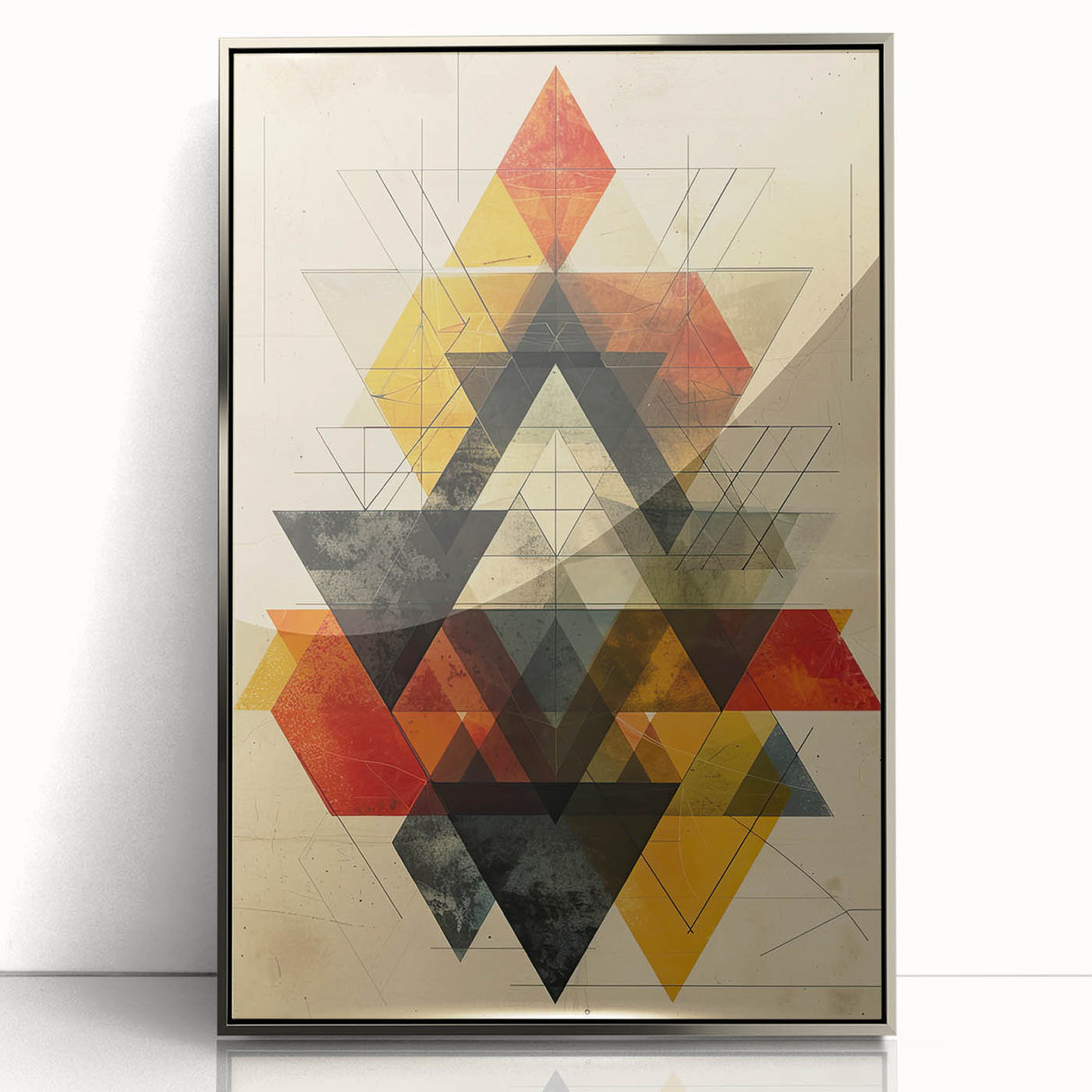 Framed minimalist abstract wall art in silver acrylic, showcasing a sleek design with geometric shapes, perfect for modern home decor and enhancing interior aesthetics.