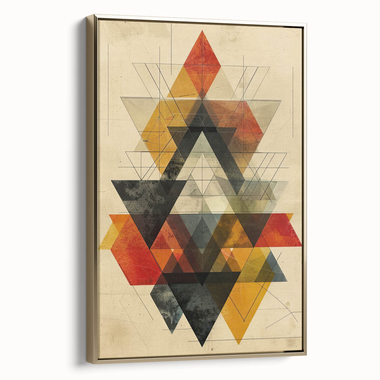 Framed abstract minimalist wall art featuring a gold and black design, showcasing a sleek side view against a neutral background, perfect for modern decor.