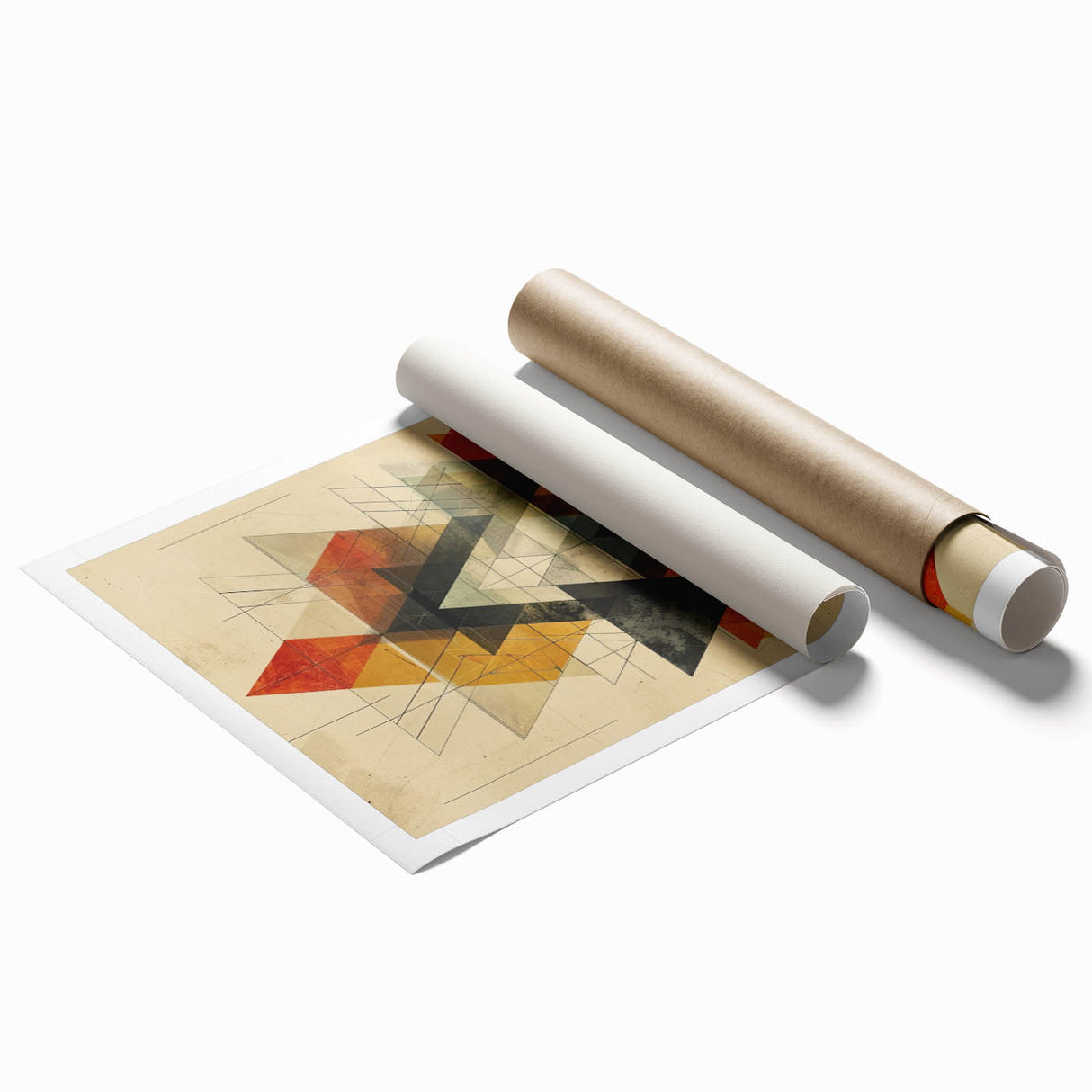 Abstract minimalist wall art print showcasing soft pastel colors and geometric shapes, rolled and ready for display in a stylish home or office setting.