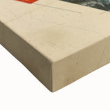 Close-up view of abstract minimalist wall art on stretched canvas, showcasing a blend of soft pastel colors and geometric shapes, perfect for modern decor.