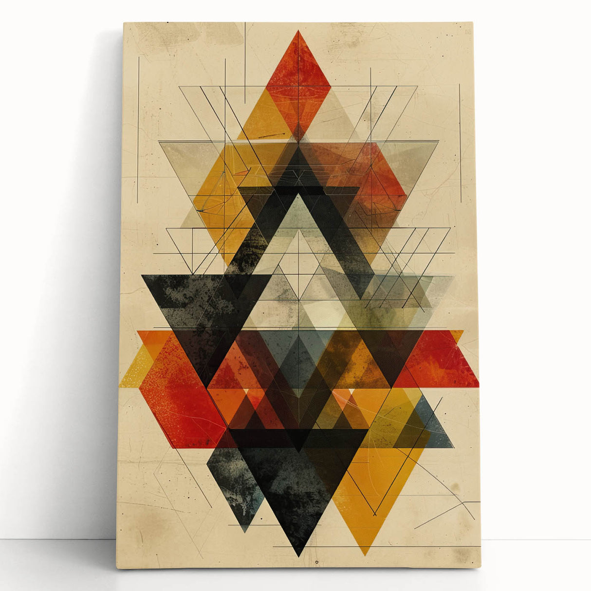 Abstract minimalist wall art on stretched canvas, showcasing soft pastel colors and geometric shapes, leaning against a neutral wall, perfect for modern decor.
