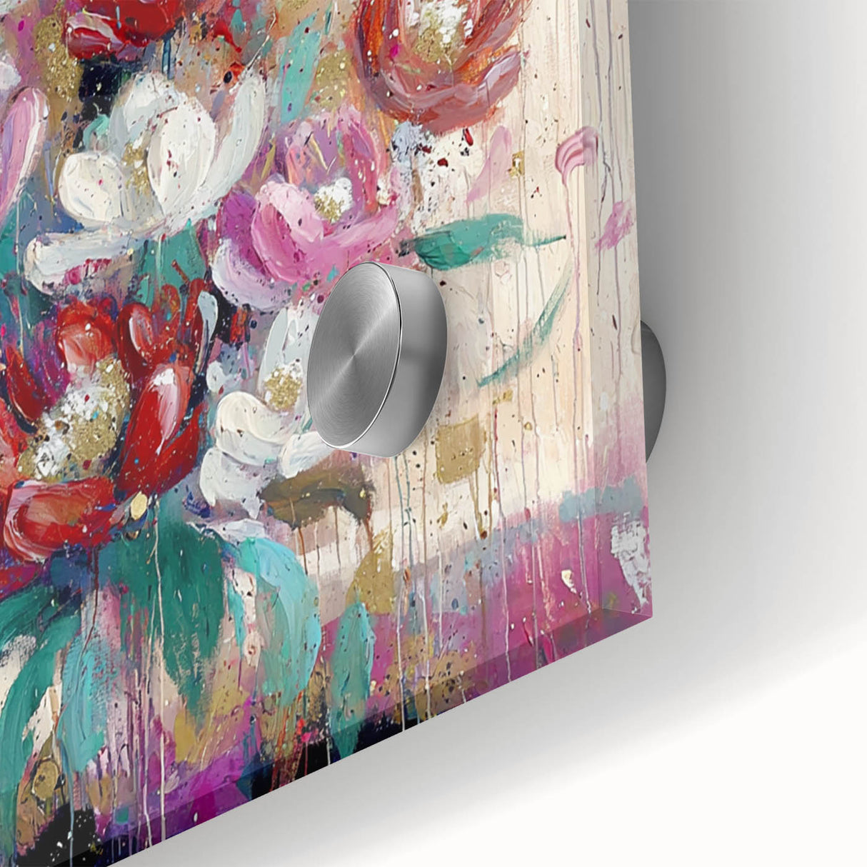 Close-up view of abstract floral acrylic artwork on glass, showcasing vibrant colors and intricate designs perfect for home decor or artistic display.