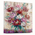 Side view of a decorative acrylic glass print showcasing an abstract floral design with vibrant colors and intricate details, mounted with stylish pins for display.