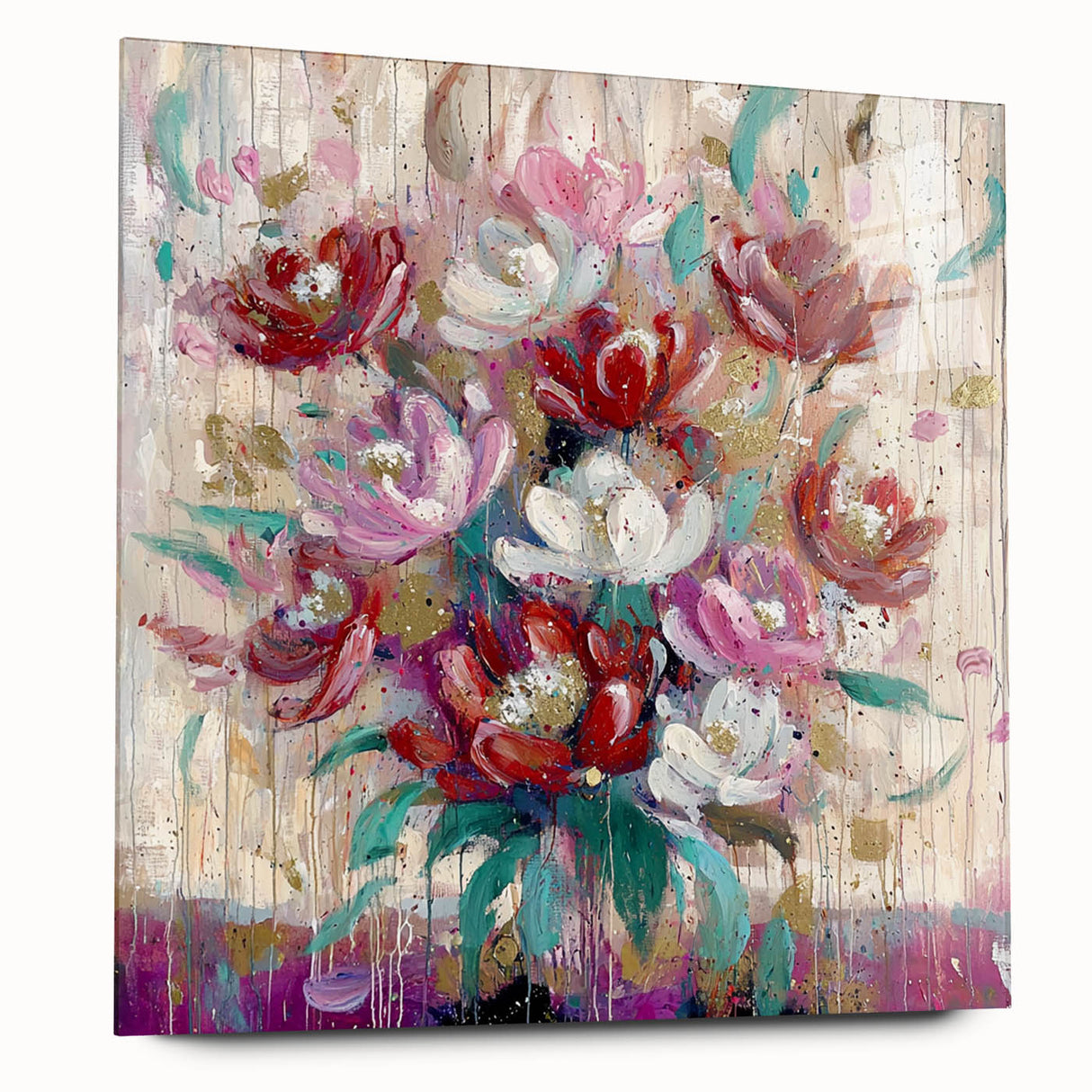 Abstract floral artwork on acrylic glass, showcasing vibrant hues of blue, pink, and green in a dynamic, modern design. The side view highlights its sleek finish, perfect for contemporary home decor. Ideal for elevating living spaces with a touch of elegance and color.