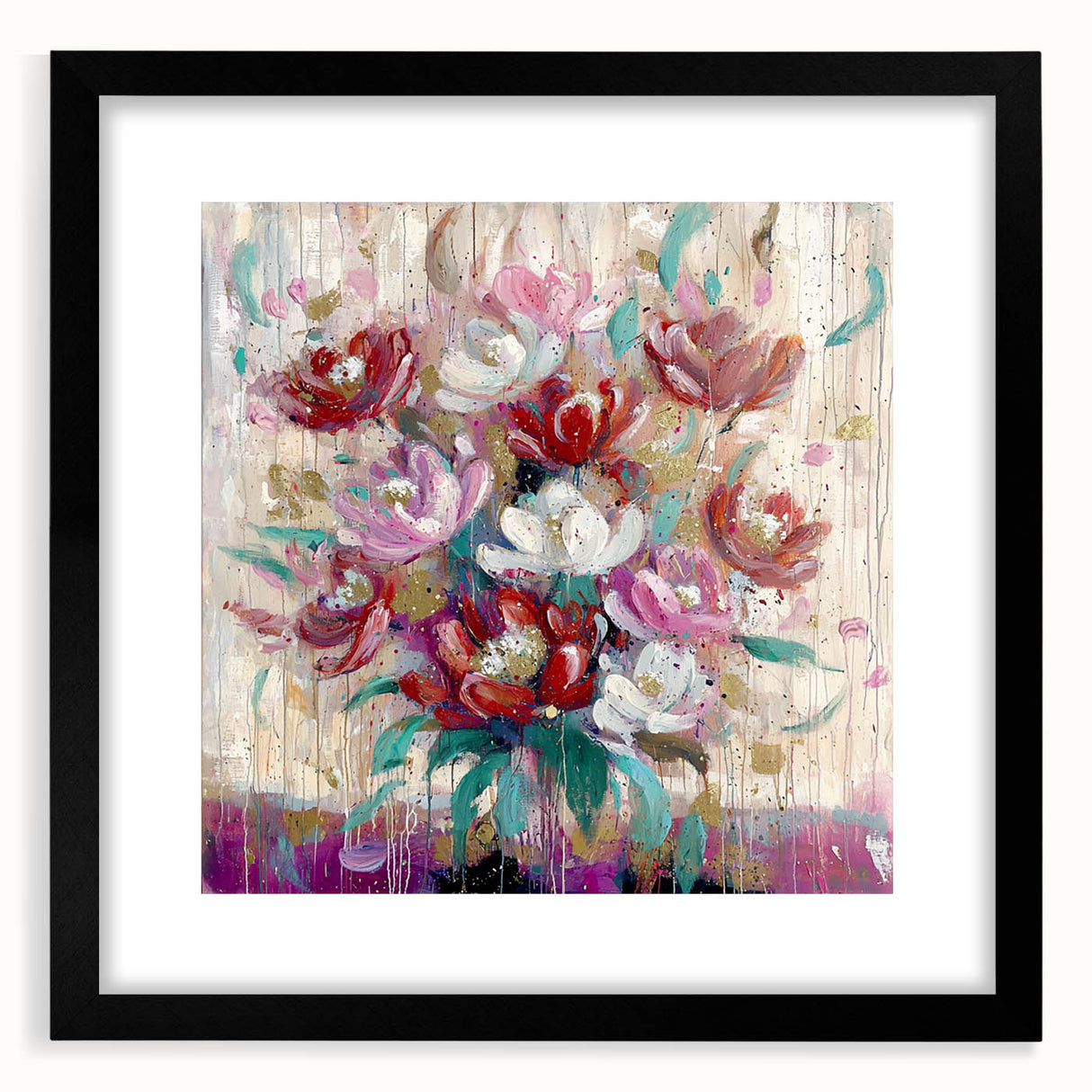 Abstract floral frame with a matte black border, showcasing vibrant multicolored flowers and intricate designs, ideal for modern home decor and art enthusiasts.