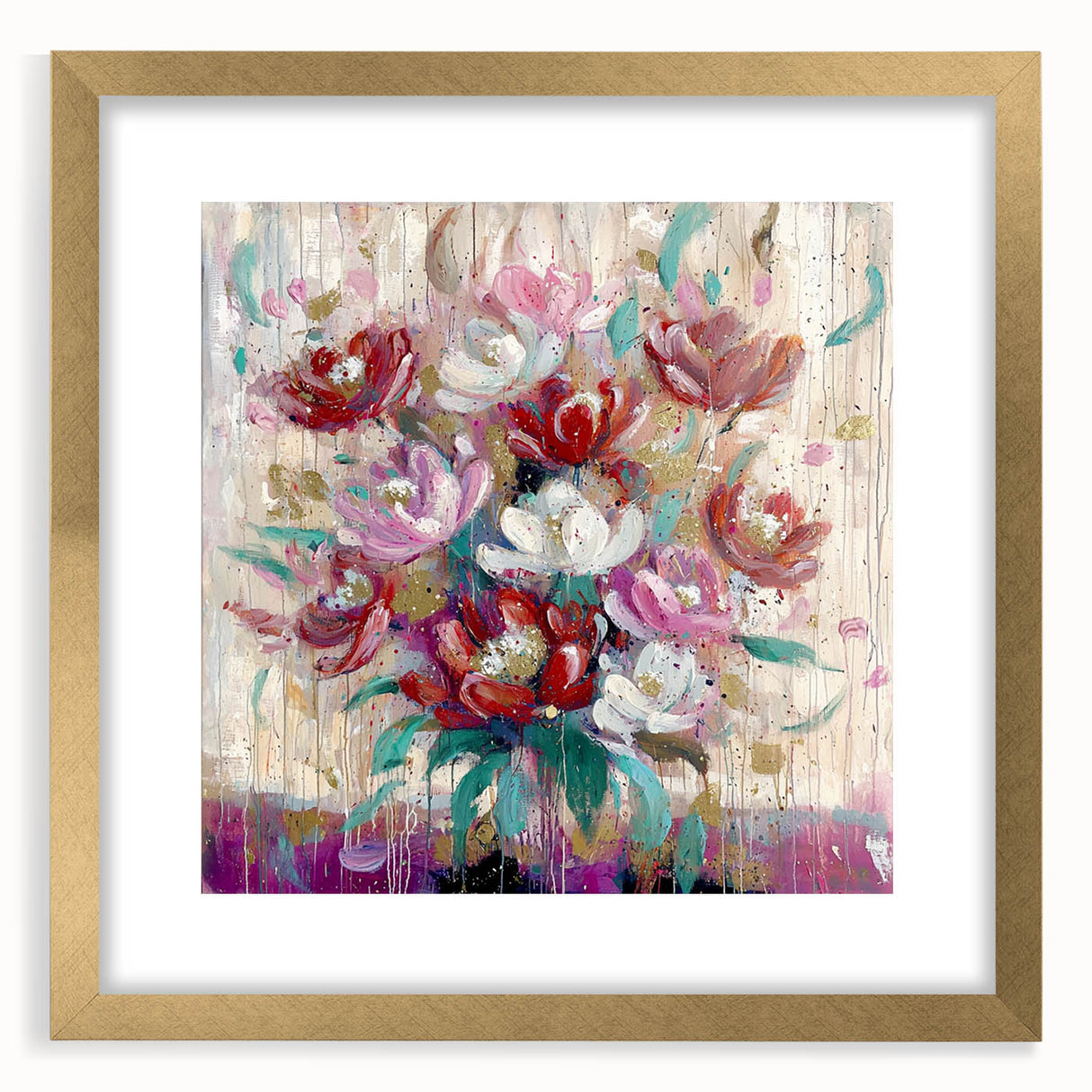 Abstract floral frame with a gold mat, showcasing a vibrant array of colorful blooms and intricate detailing, perfect for enhancing modern home decor aesthetics.