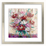 Abstract floral frame with a silver mat, showcasing vibrant colors and intricate patterns, ideal for modern home decor or artistic displays. Perfect for adding elegance to any interior space.
