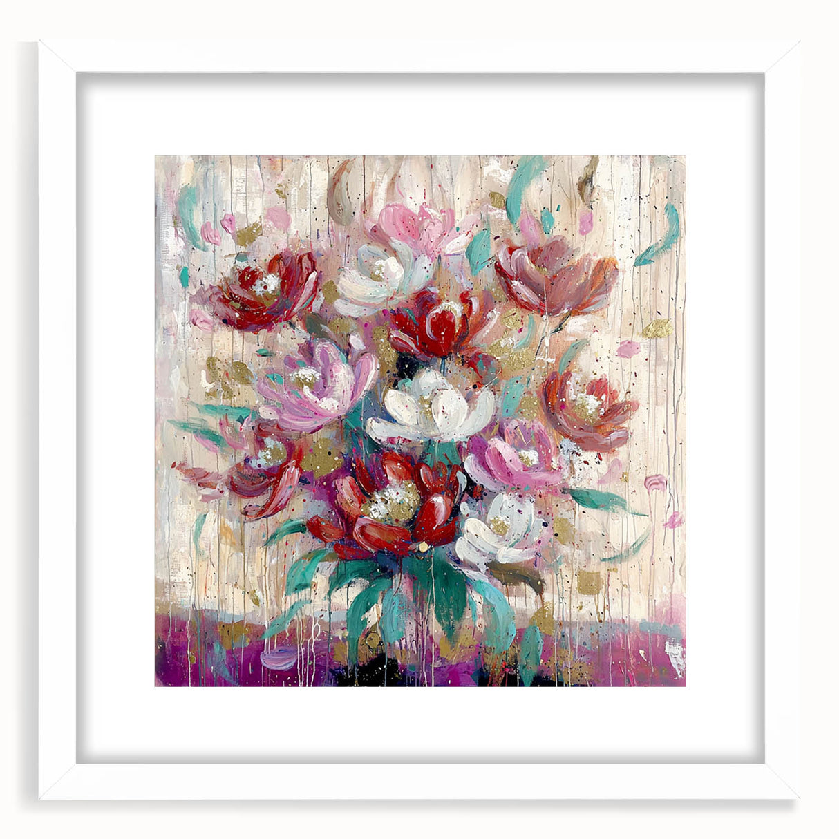 Abstract floral framed art print with a white mat, showcasing vibrant colors and intricate designs, perfect for enhancing modern home decor.