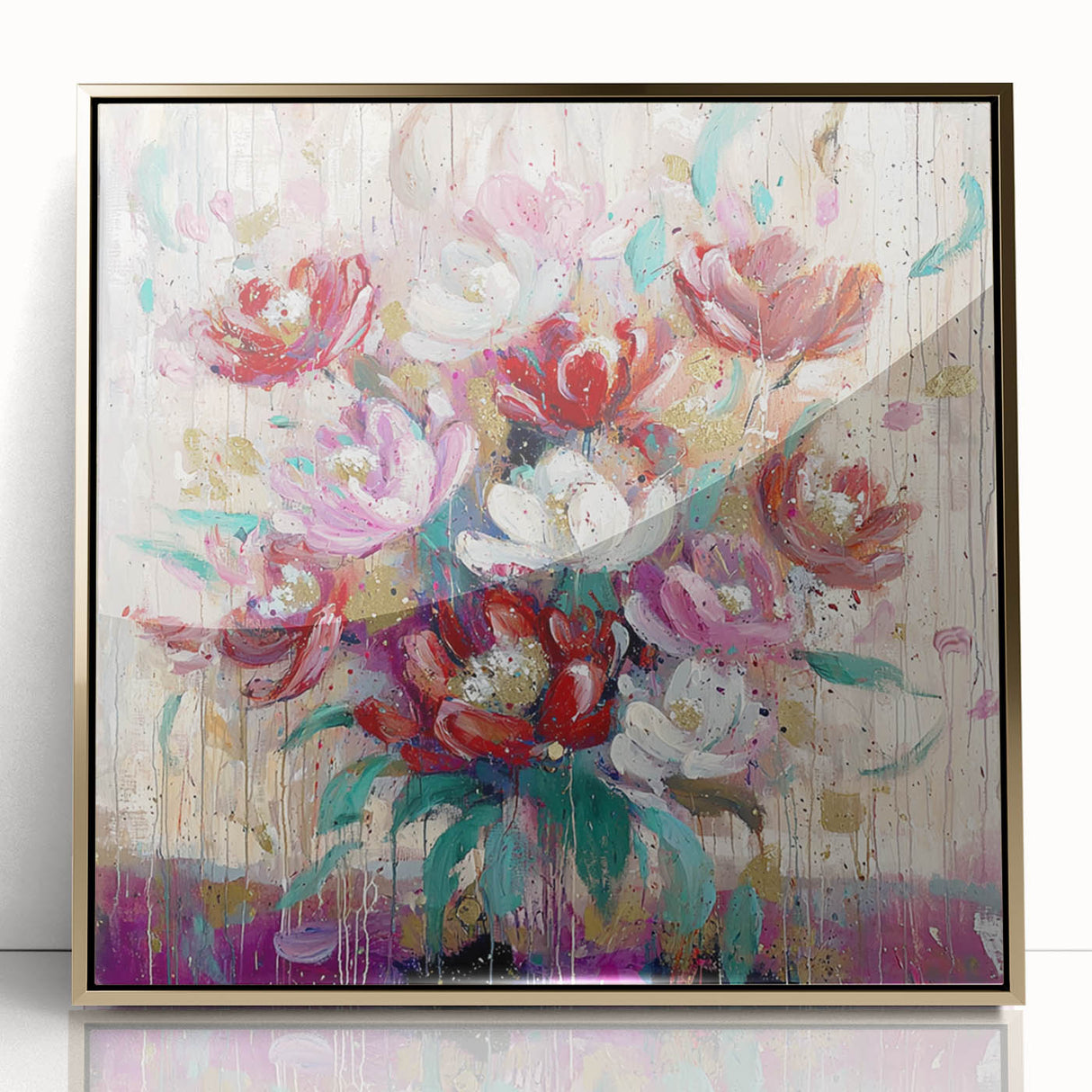 Framed acrylic artwork displaying an abstract floral design with gold accents, set against a neutral background, ideal for modern home decor and art lovers.