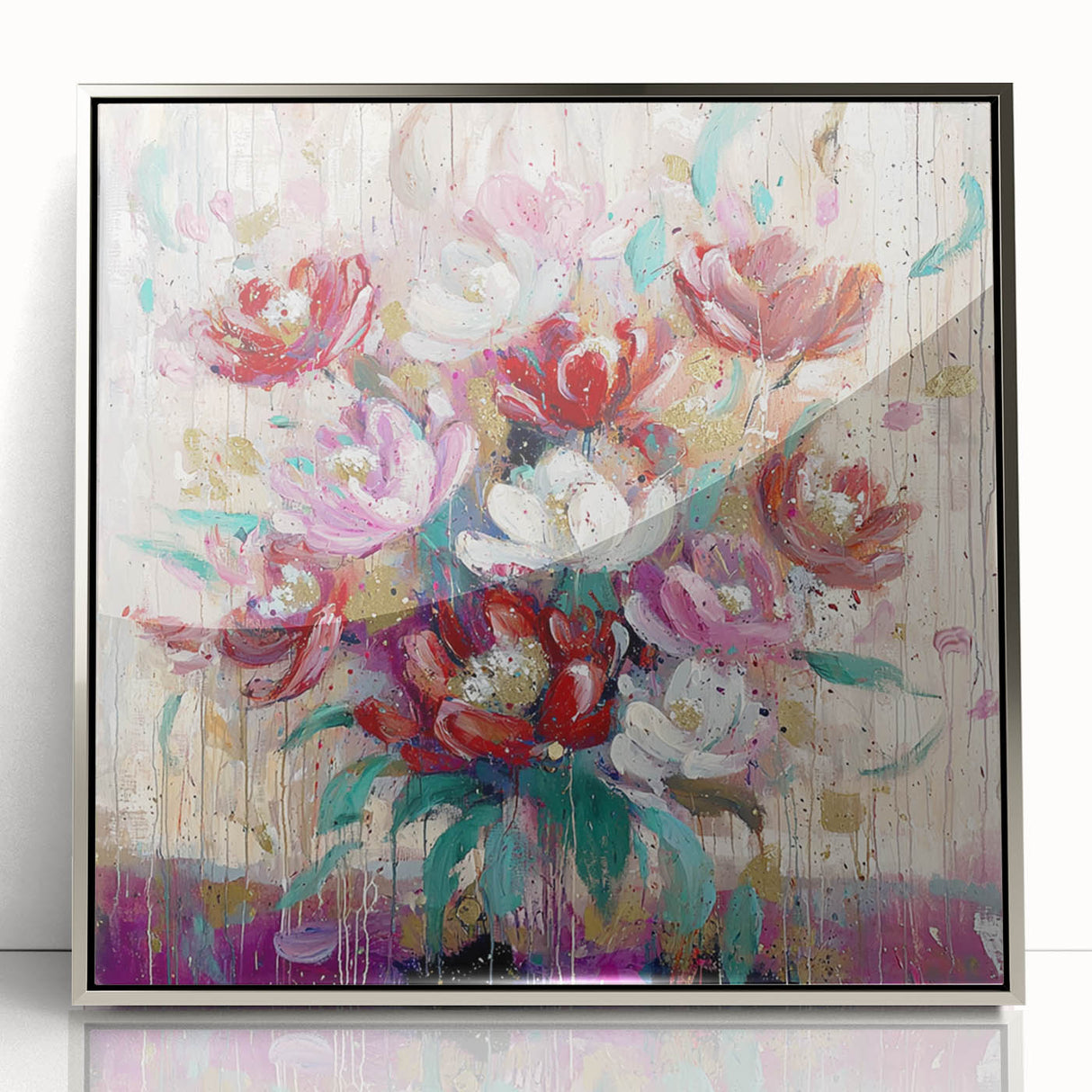 Framed acrylic artwork showcasing an abstract floral design in vibrant colors, set in a sleek silver frame, perfect for modern home decor.