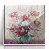 Framed acrylic artwork showcasing vibrant abstract floral designs in a modern white frame, ideal for contemporary home decor. Perfect addition to brighten any living space.