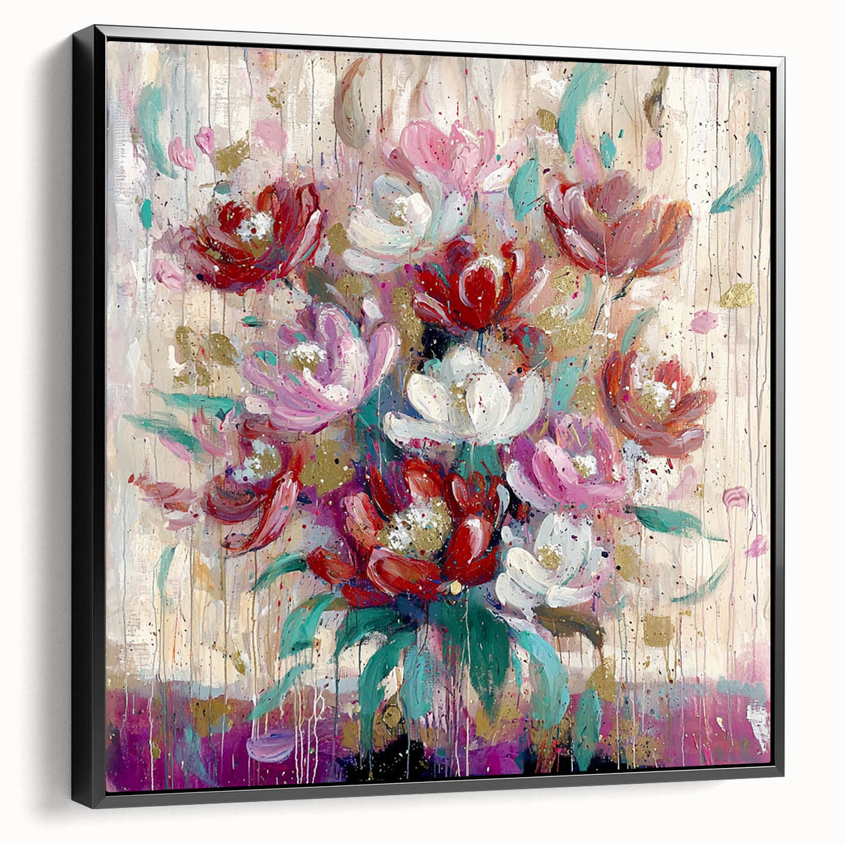 Framed canvas artwork showcasing an abstract floral design in vibrant colors, displayed against a sleek black background, perfect for modern home decor.