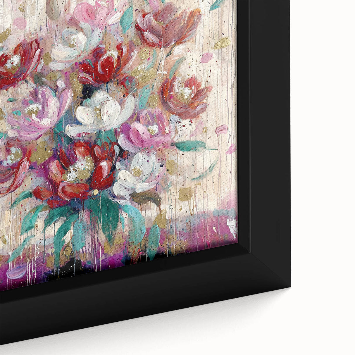 Close-up of a framed canvas showcasing vibrant abstract floral artwork with intricate details, set against a neutral background, perfect for modern decor.
