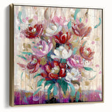 Framed canvas artwork showcasing an abstract floral design in silver and gold tones, set against a textured background, perfect for modern home decor.