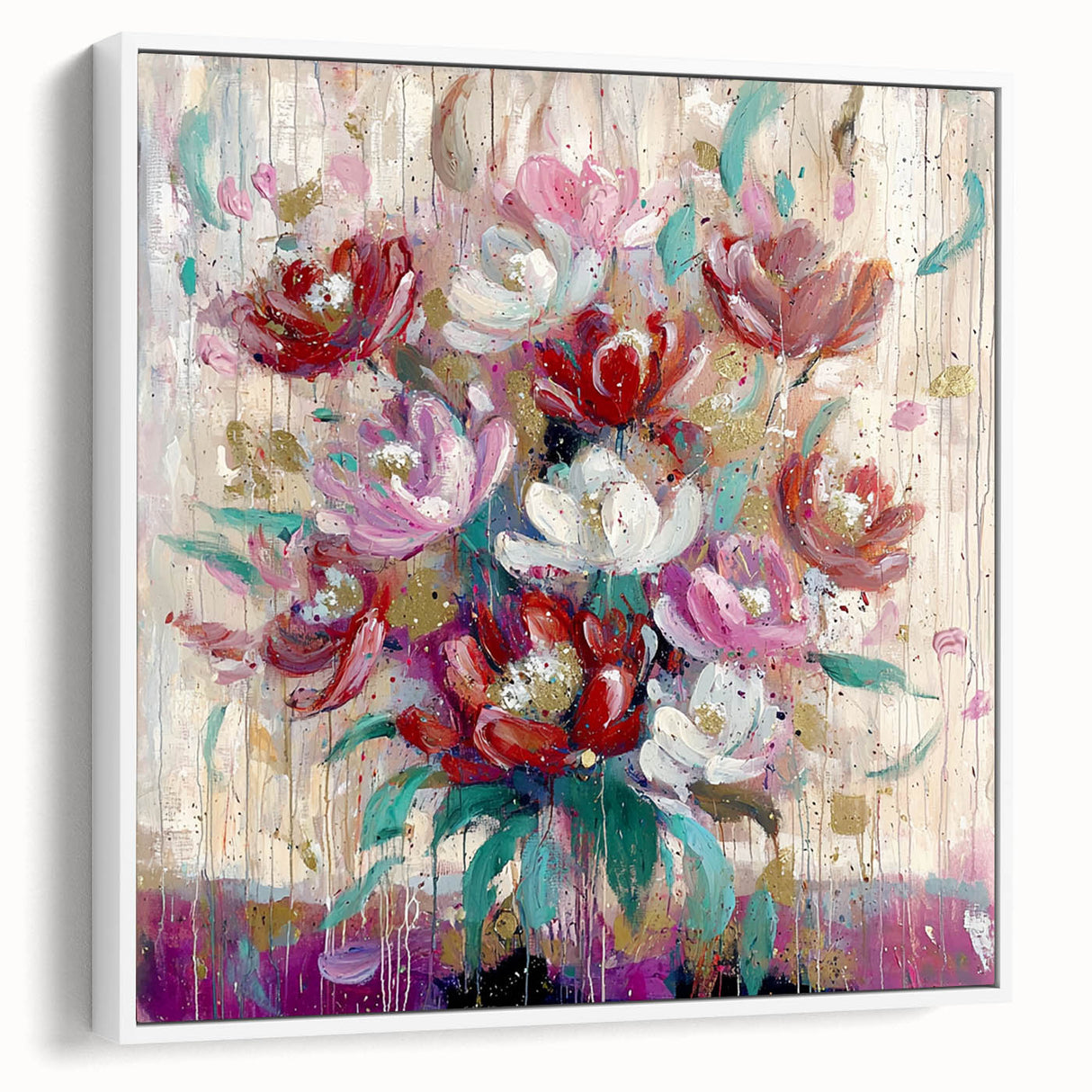 Framed abstract floral canvas artwork showcasing vibrant colors and intricate patterns, presented in a sleek white frame, ideal for modern home decor.