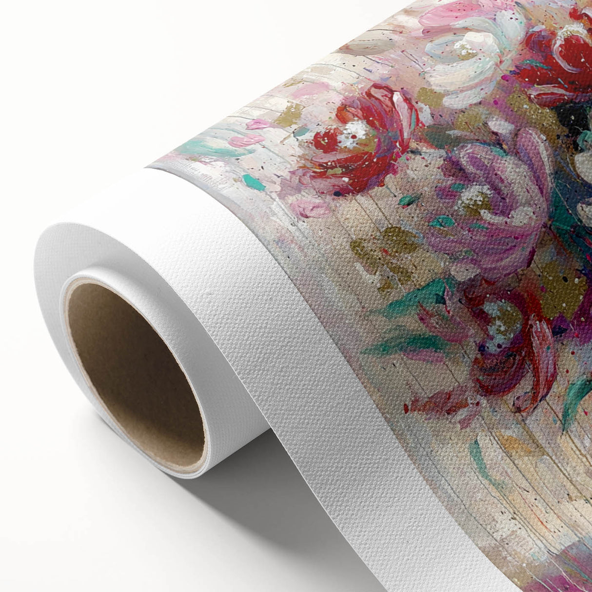 Colorful abstract floral design on rolled canvas, showcasing vibrant hues of pink, blue, and yellow, perfect for modern home decor, shipped in protective tube.