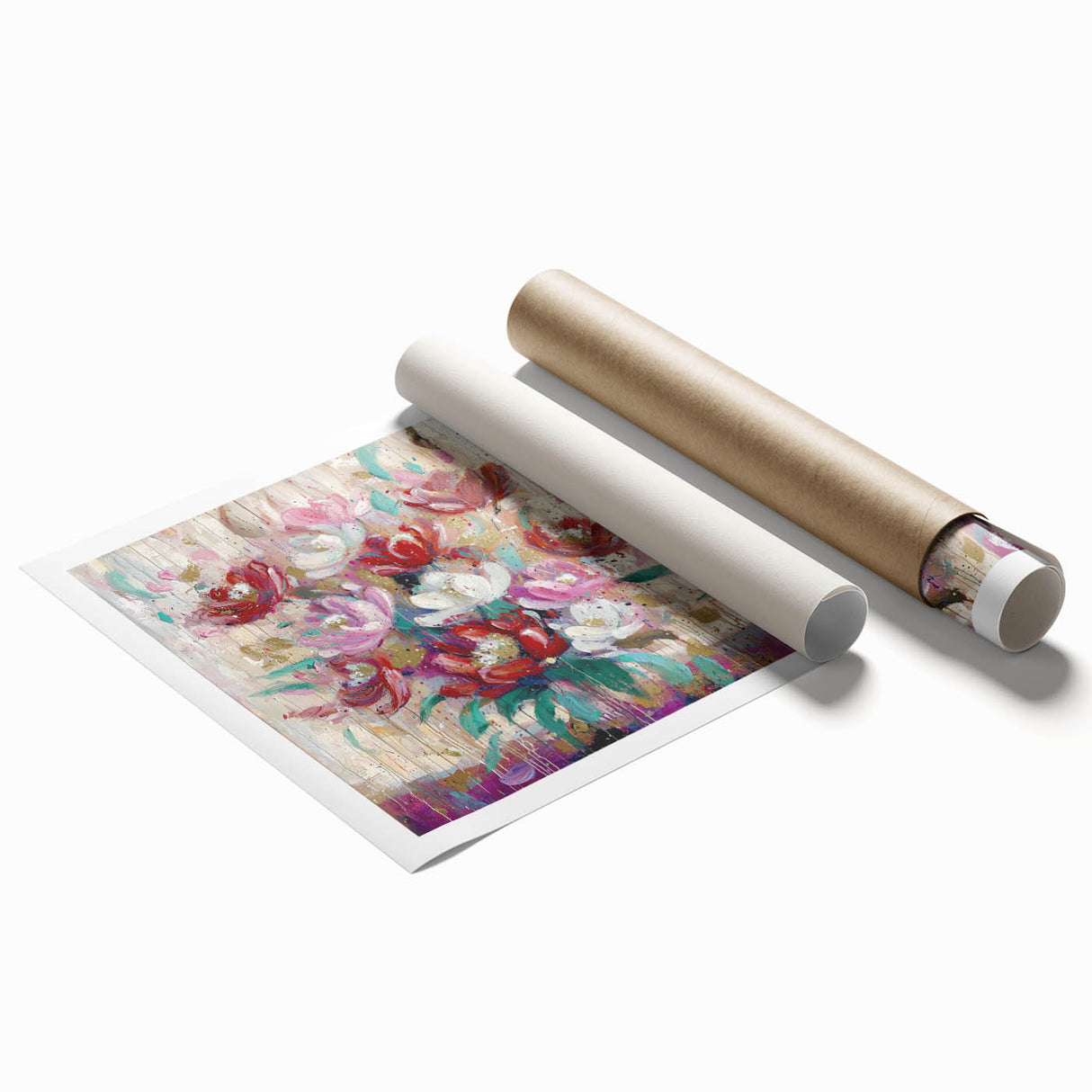 Rolled print showcasing an abstract floral design in vibrant colors, featuring intricate details and a textured finish, ideal for home decor and wall art display.