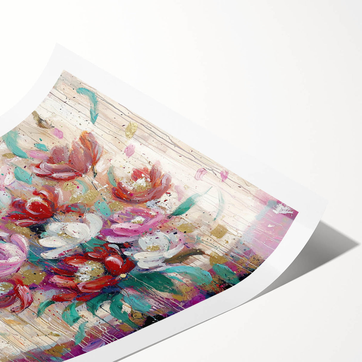 Abstract floral design rolled print showcasing vibrant colors and intricate patterns, ideal for home decor or wall art, packaged securely in a sturdy tube.