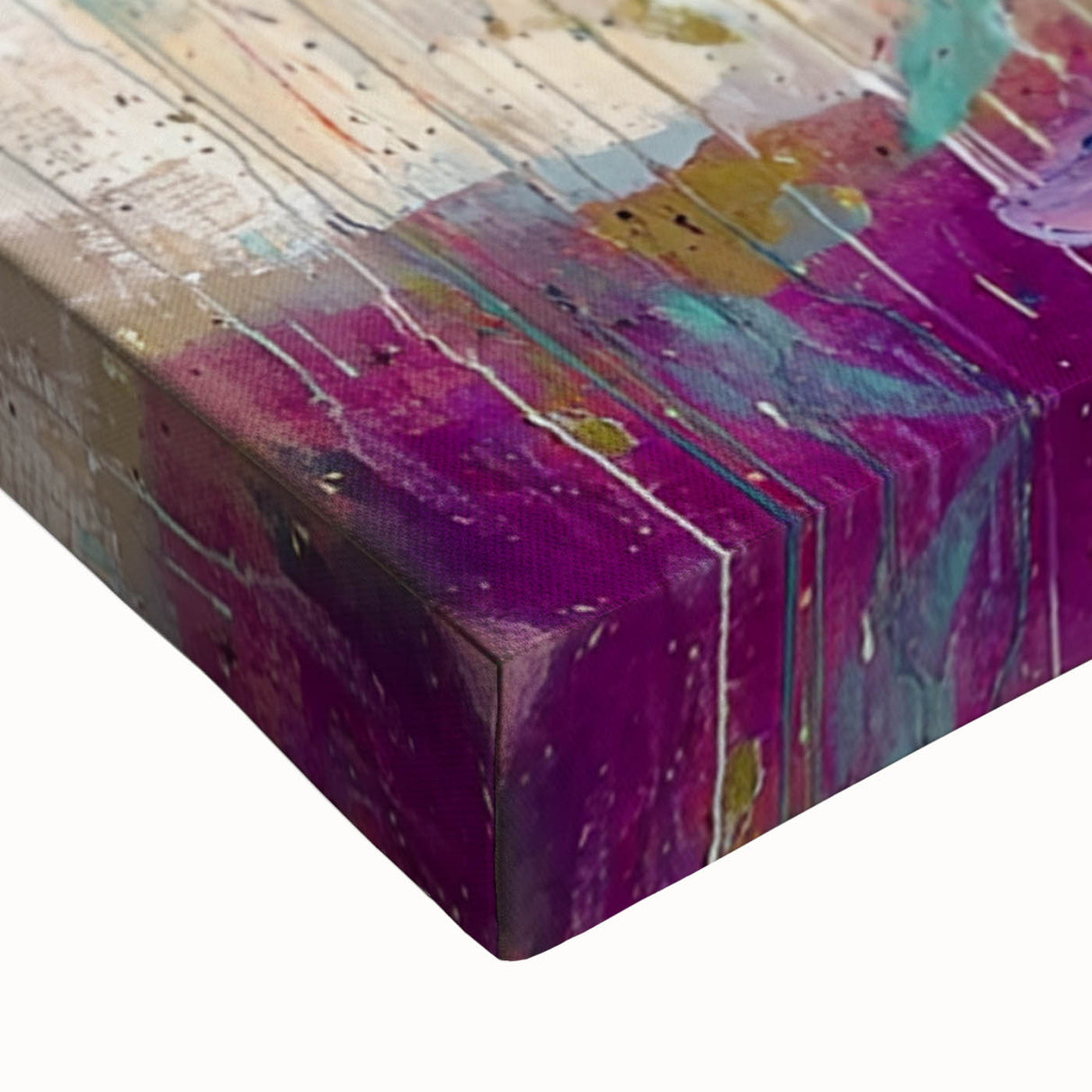 Close-up of an abstract floral stretched canvas artwork showcasing vibrant colors and intricate patterns, perfect for enhancing modern decor or art collections.