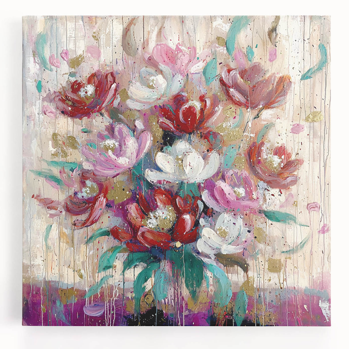 Abstract floral stretched canvas artwork showcasing vibrant colors and intricate patterns, perfect for modern home decor. Ideal for adding a touch of elegance to living spaces.