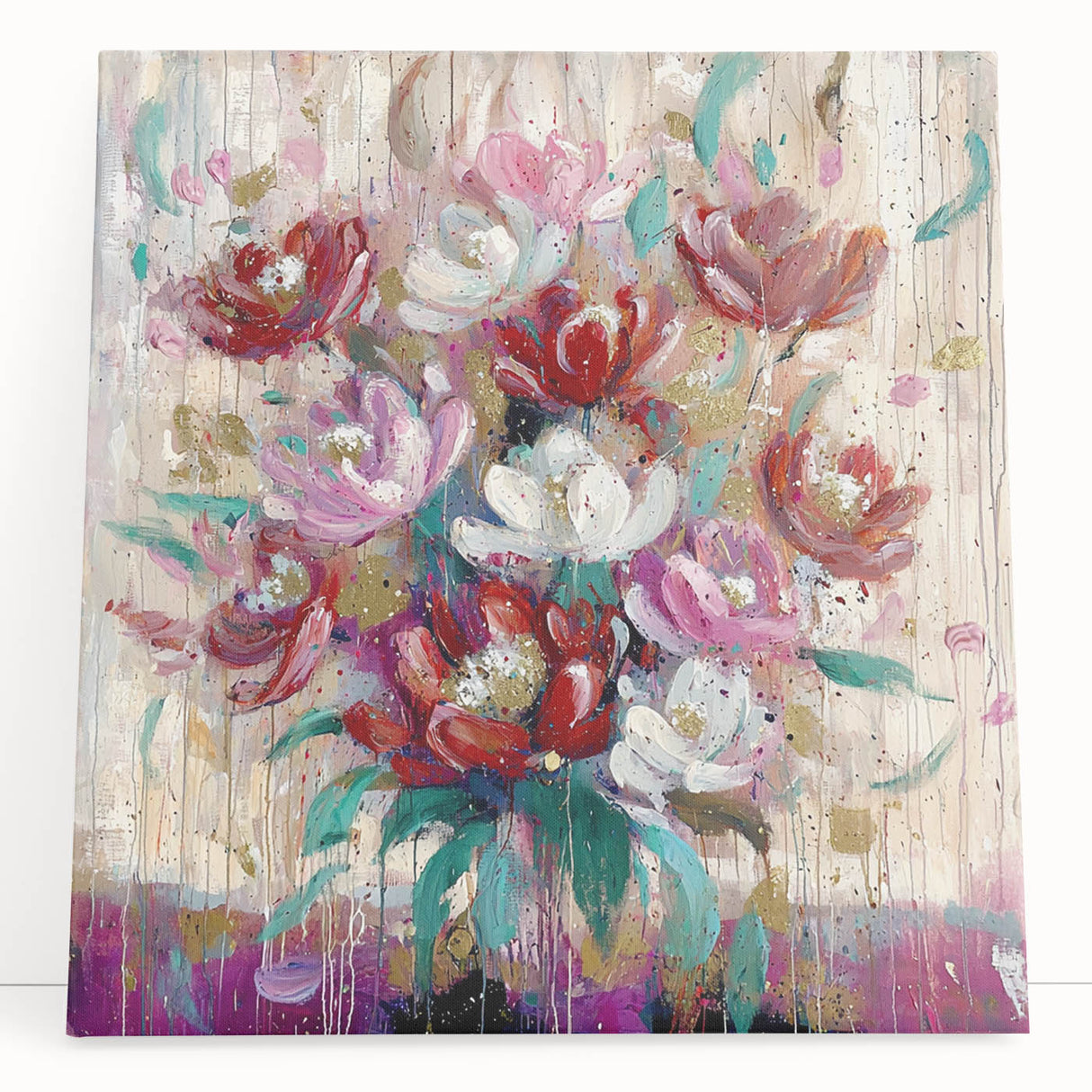 Abstract floral design stretched canvas artwork, featuring vibrant colors and intricate patterns, elegantly leaning against a textured wall, perfect for home decor enhancement.