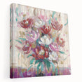Stretched canvas artwork showcasing an abstract floral design in vibrant colors, viewed from the side, perfect for modern home decor and wall accents.