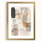 Abstract minimalist wall art framed in gold, showcasing elegant geometric shapes and soft color palette, perfect for modern home decor or office spaces.