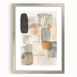 Abstract minimalist wall art framed in silver, featuring geometric shapes and a muted color palette, ideal for modern home decor or office spaces.