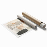 Abstract minimalist wall art print showcasing soft pastel colors and geometric shapes, rolled and ready for display in a stylish home decor setting.