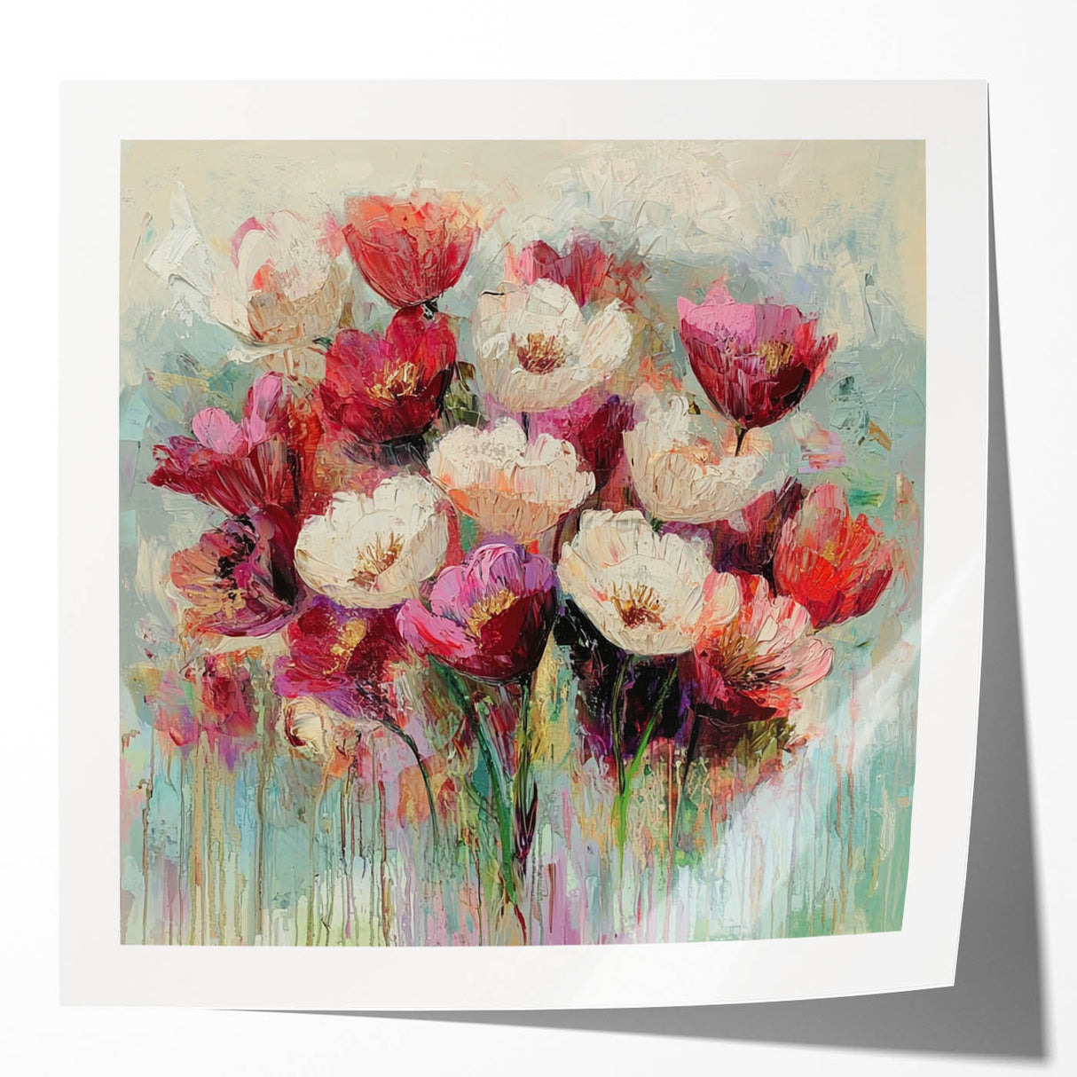 Abstract floral art print showcasing vibrant colors and intricate patterns, displayed in a glossy mockup setting, ideal for home decor inspiration.