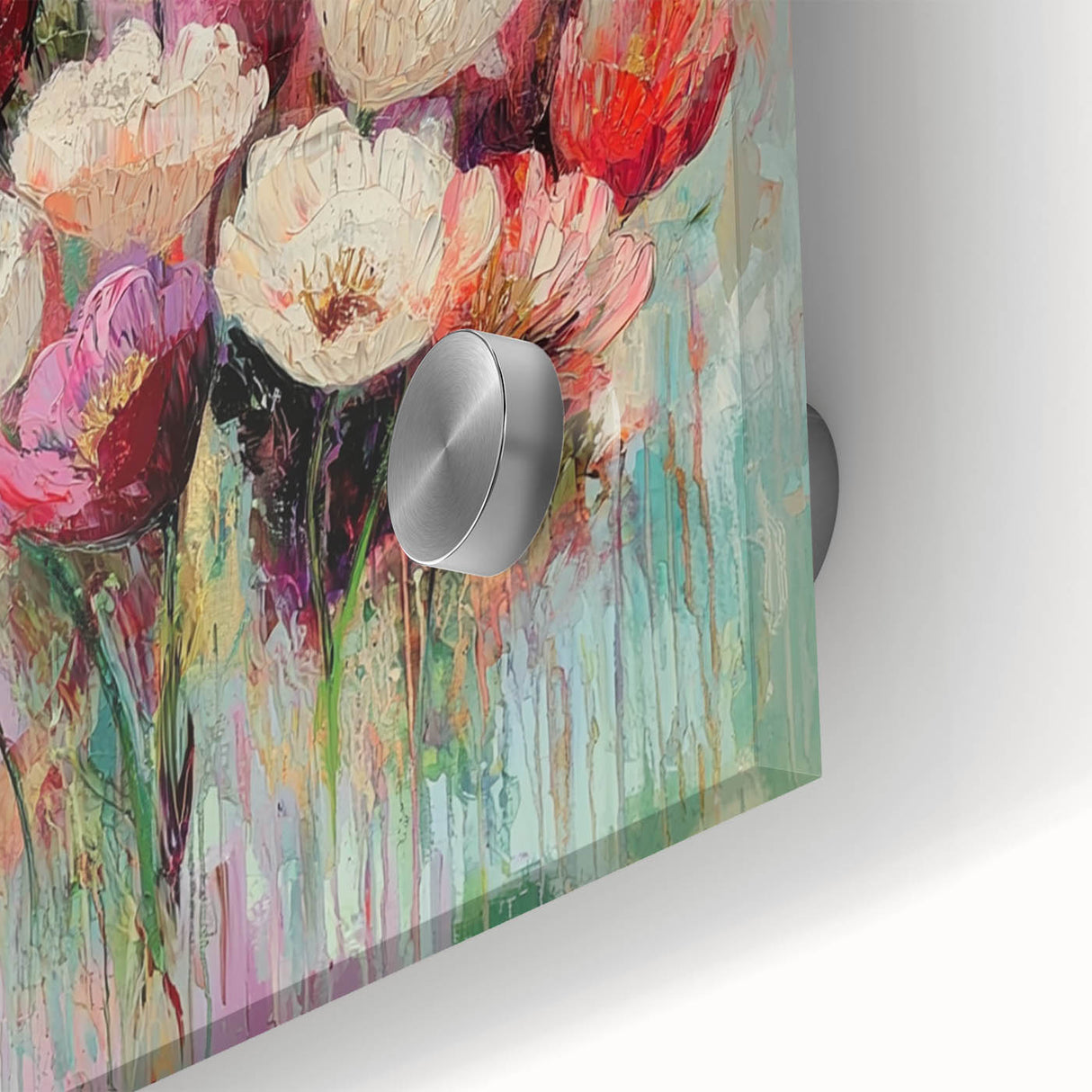 Close-up of an abstract floral design on acrylic glass, featuring vibrant colors and intricate patterns, perfect for modern home decor and artistic displays.